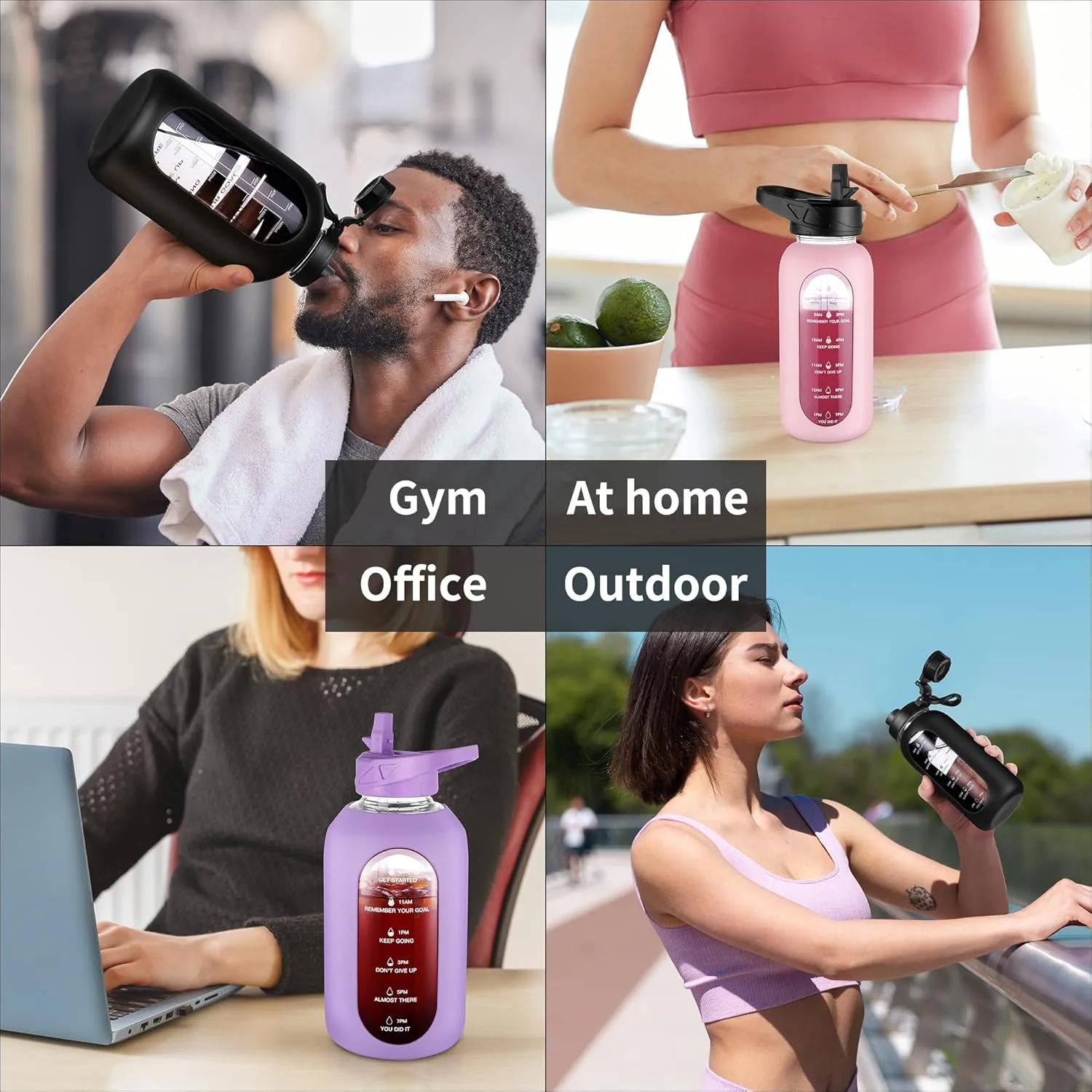 CIVAGO 64 oz Glass Water Bottle Jug with Straw and Handle, Half Gallon Sports Motivational Water Bottle with Time Marker, Wide Mouth Flask Canteen with Silicone Sleeve for Gym, Mauve