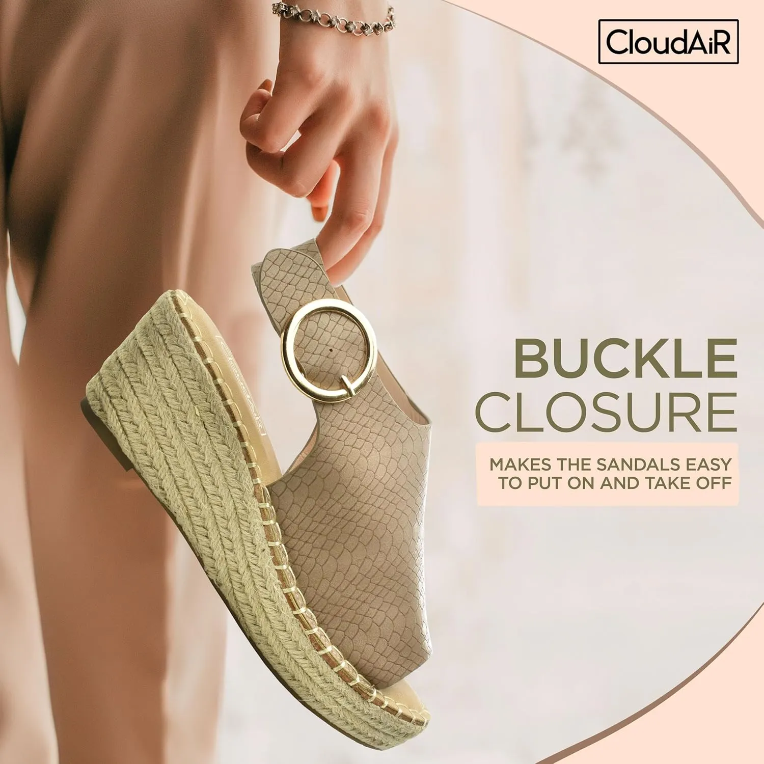 CLOUDAIR Selina Women's Espadrille Wedge Sandals - Comfortable and Stylish Platform Slip On Sandals with Buckle Closure, Comfy Wedge Heels for Women, Fashion Summer Sandals