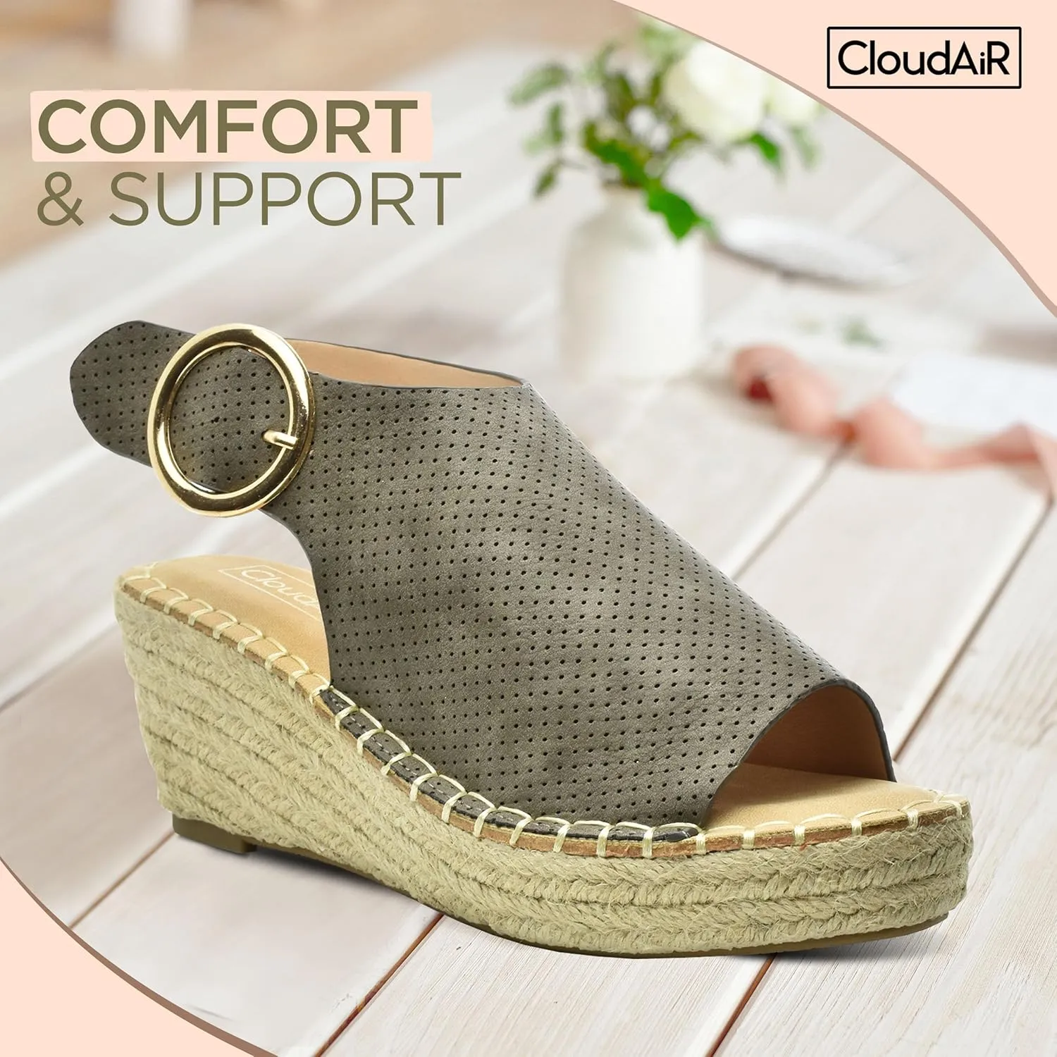 CLOUDAIR Selina Women's Espadrille Wedge Sandals - Comfortable and Stylish Platform Slip On Sandals with Buckle Closure, Comfy Wedge Heels for Women, Fashion Summer Sandals