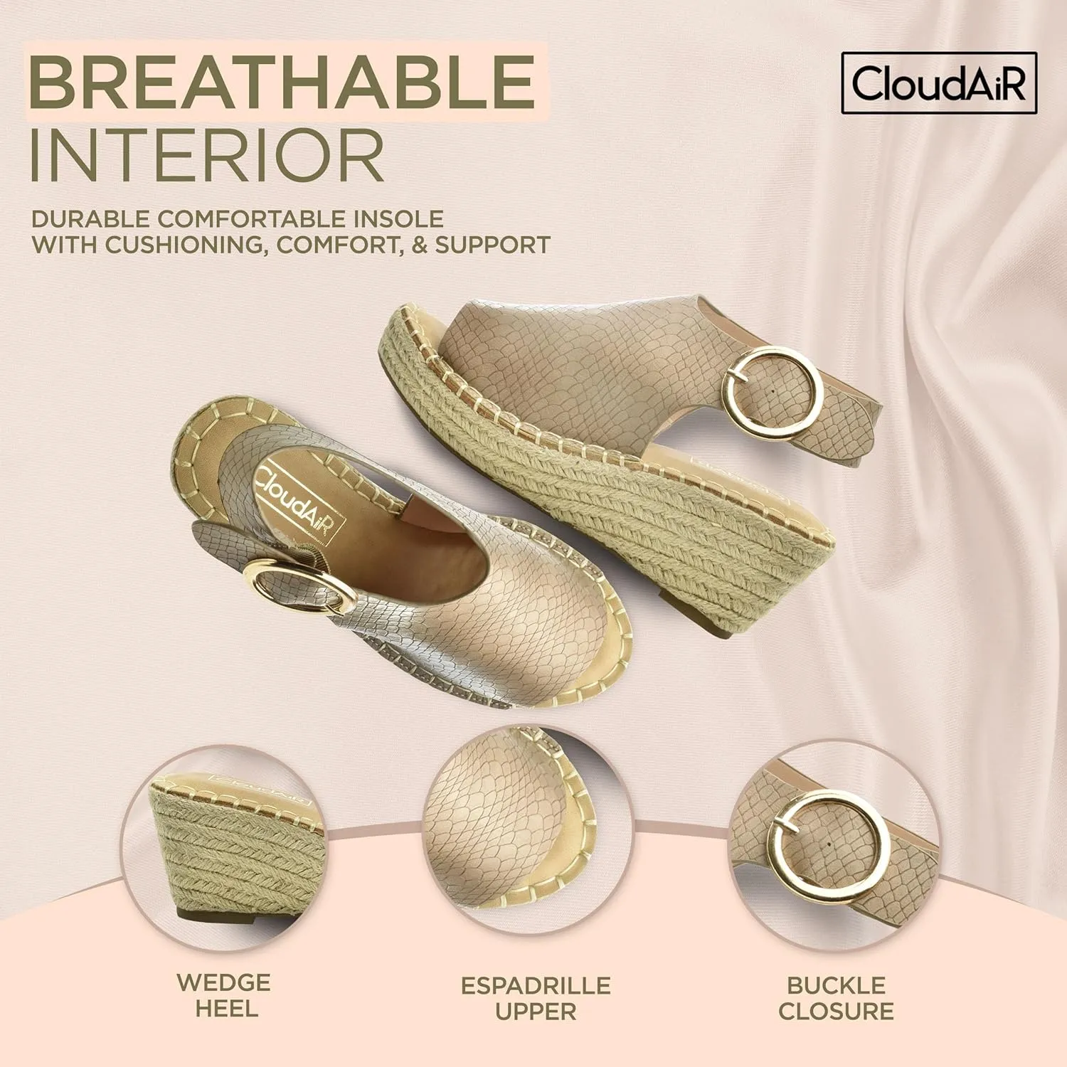 CLOUDAIR Selina Women's Espadrille Wedge Sandals - Comfortable and Stylish Platform Slip On Sandals with Buckle Closure, Comfy Wedge Heels for Women, Fashion Summer Sandals