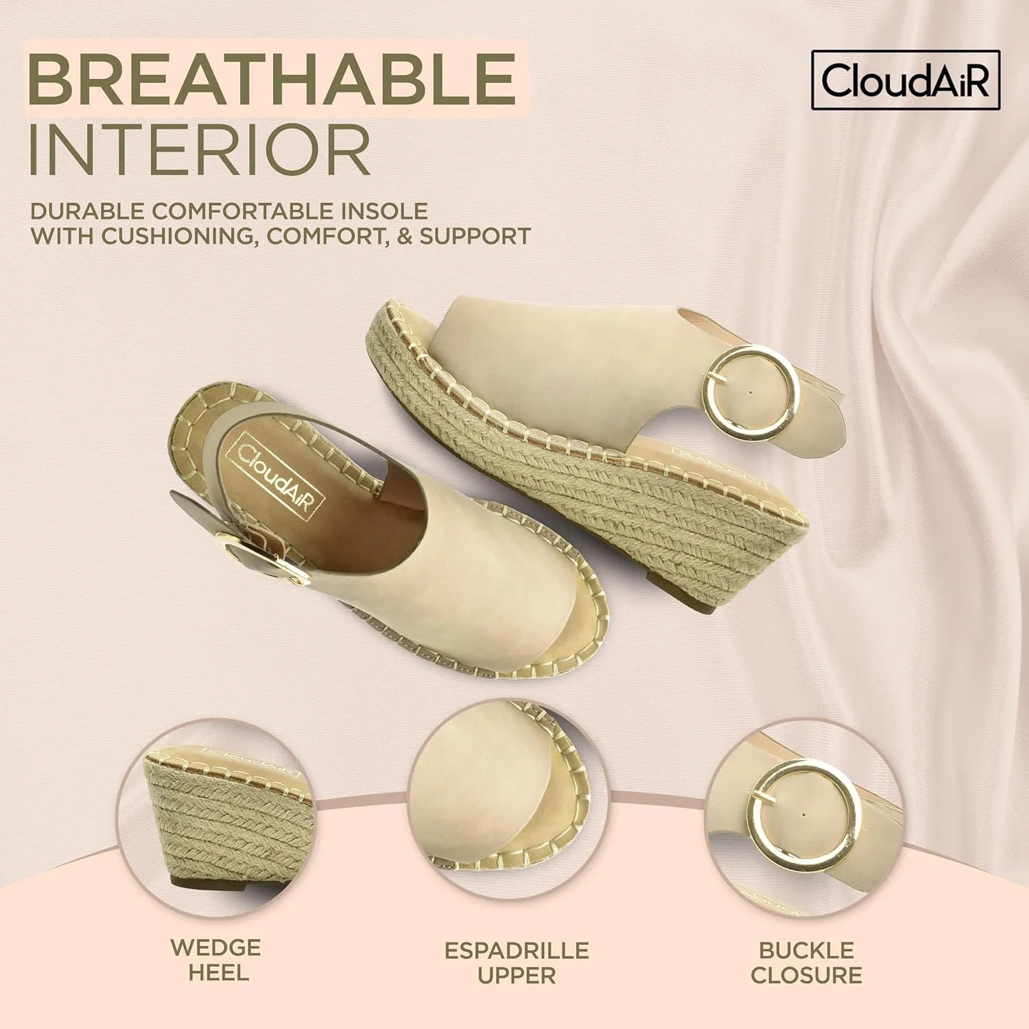CLOUDAIR Selina Women's Espadrille Wedge Sandals - Comfortable and Stylish Platform Slip On Sandals with Buckle Closure, Comfy Wedge Heels for Women, Fashion Summer Sandals