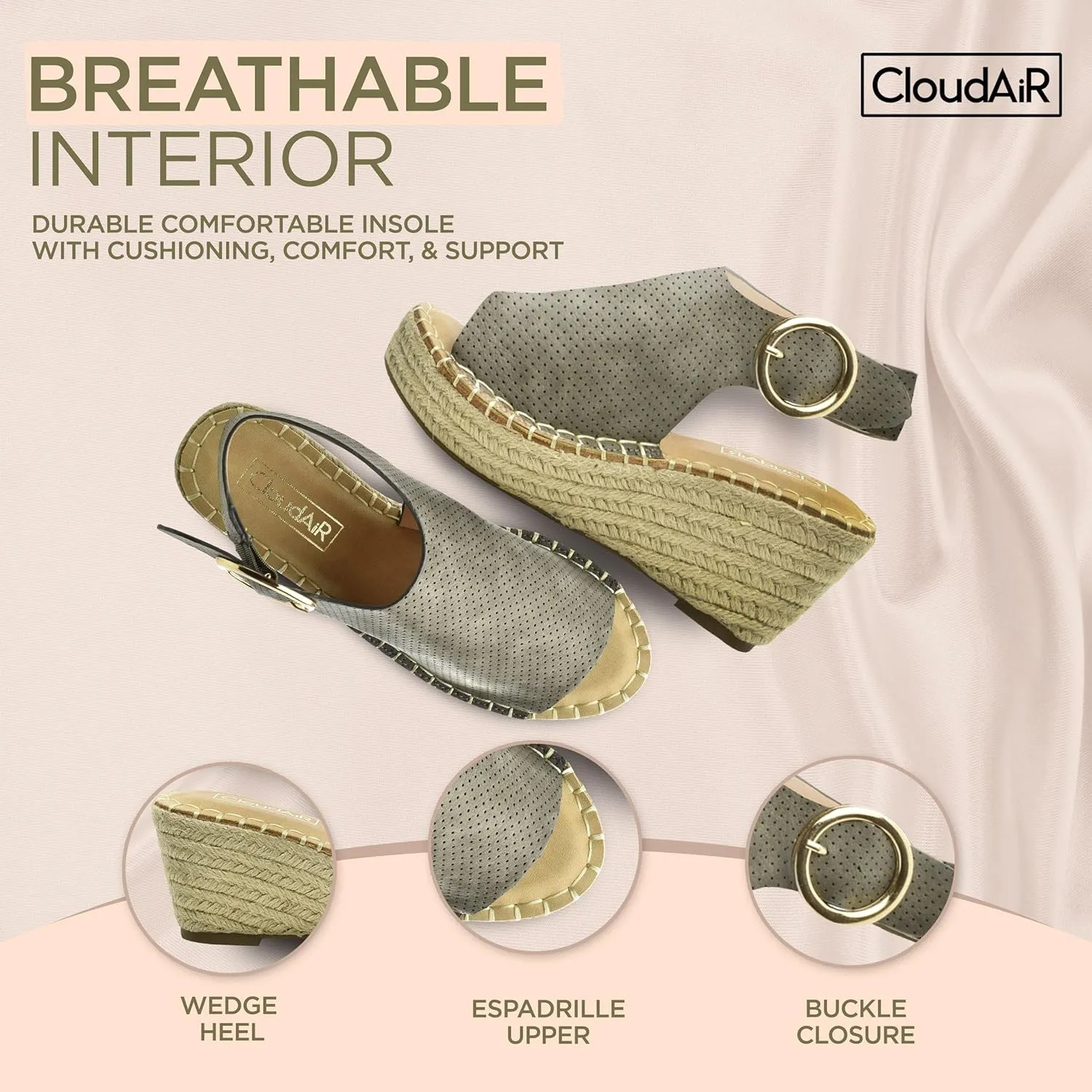 CLOUDAIR Selina Women's Espadrille Wedge Sandals - Comfortable and Stylish Platform Slip On Sandals with Buckle Closure, Comfy Wedge Heels for Women, Fashion Summer Sandals