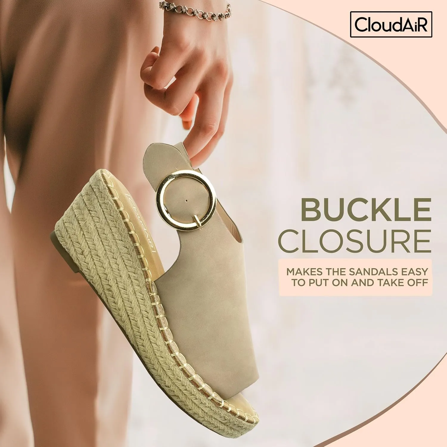 CLOUDAIR Selina Women's Espadrille Wedge Sandals - Comfortable and Stylish Platform Slip On Sandals with Buckle Closure, Comfy Wedge Heels for Women, Fashion Summer Sandals