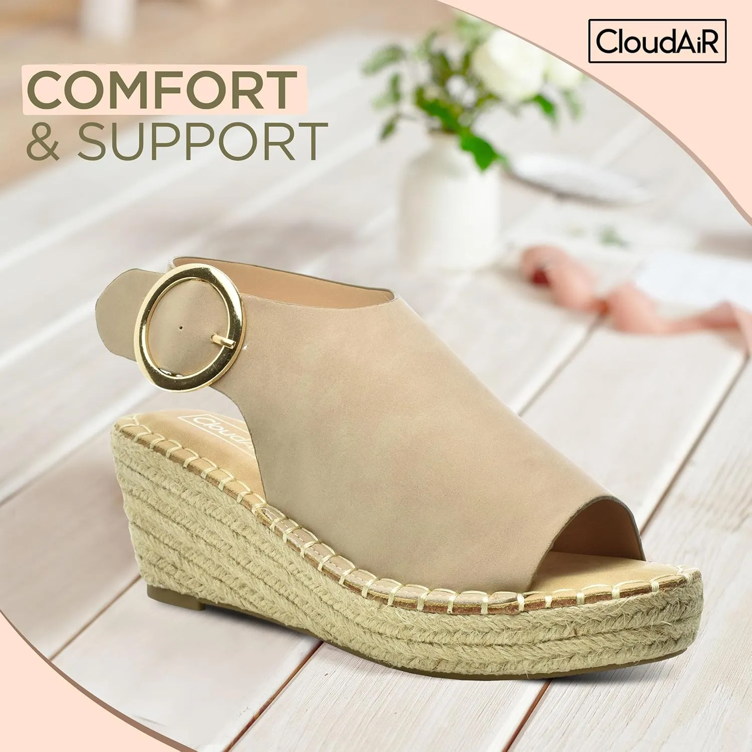 CLOUDAIR Selina Women's Espadrille Wedge Sandals - Comfortable and Stylish Platform Slip On Sandals with Buckle Closure, Comfy Wedge Heels for Women, Fashion Summer Sandals