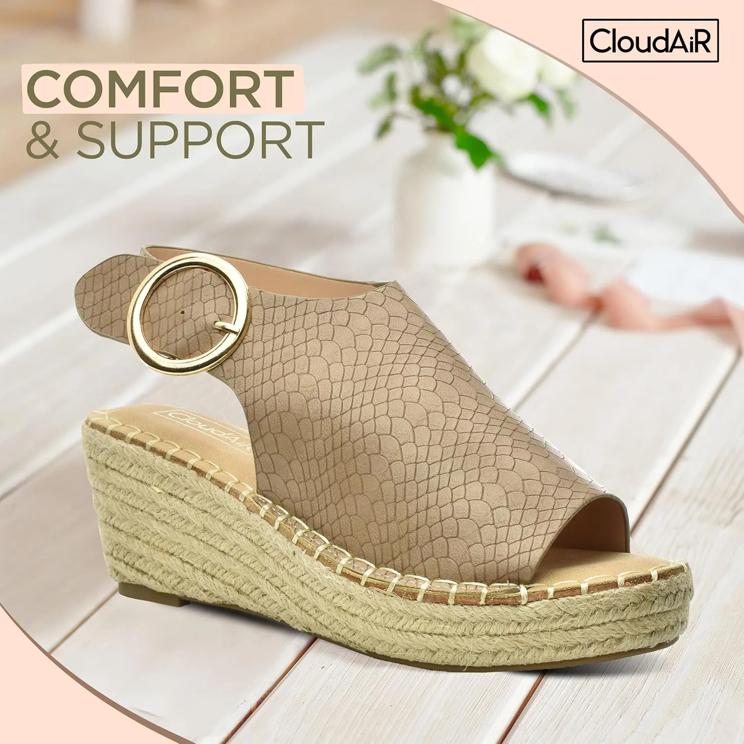 CLOUDAIR Selina Women's Espadrille Wedge Sandals - Comfortable and Stylish Platform Slip On Sandals with Buckle Closure, Comfy Wedge Heels for Women, Fashion Summer Sandals
