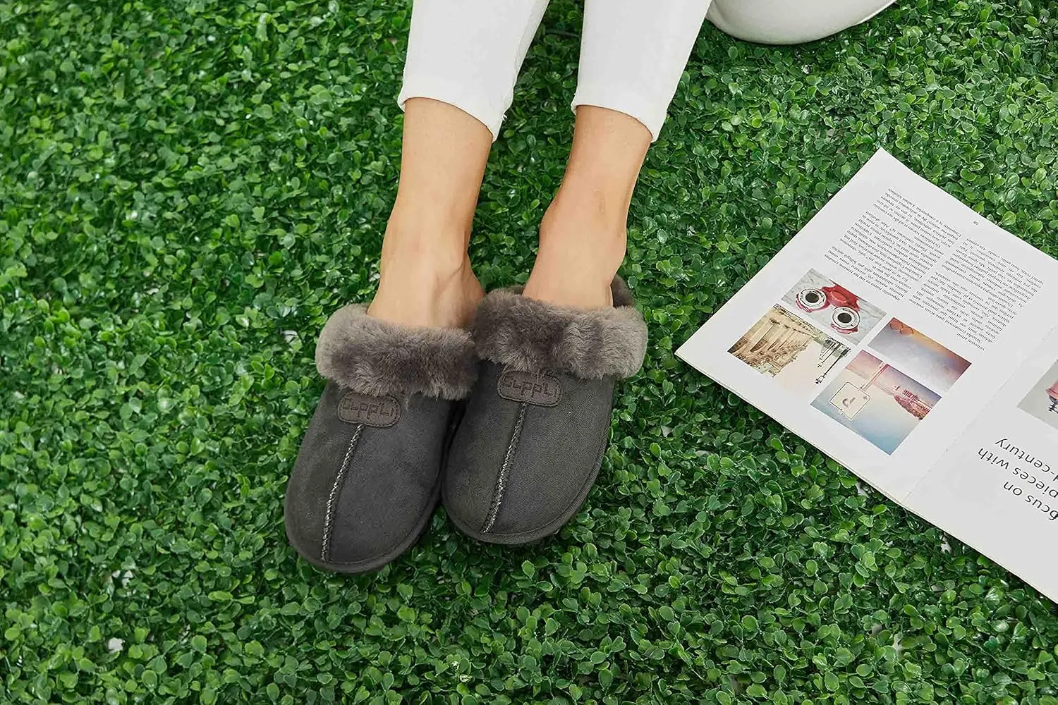 CLPP'LI Womens Slip on Faux Fur Warm Winter Mules Fluffy Suede Comfy Slippers