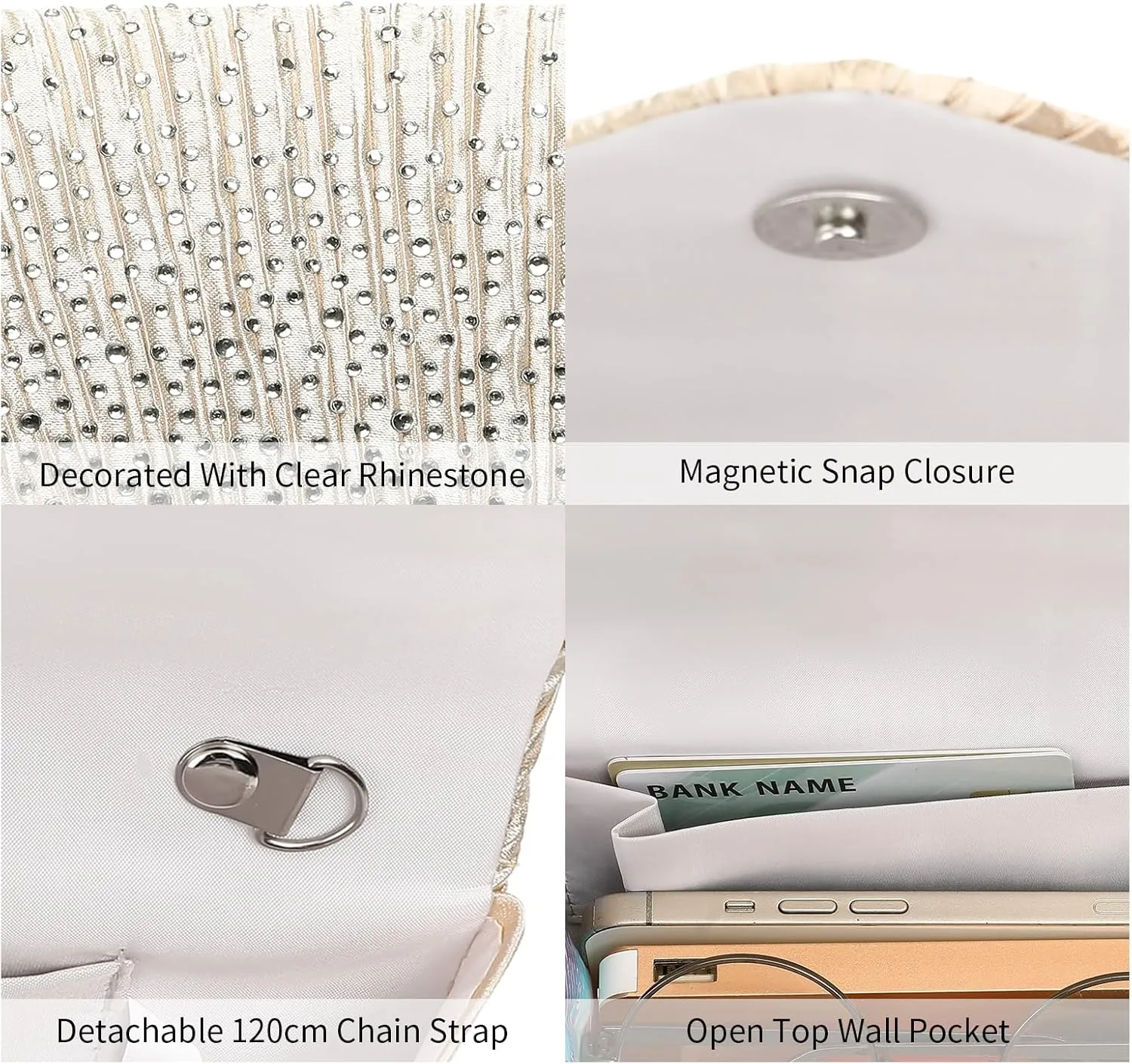 Clutch Purses for Women, Evening Bag with Detachable Chain Ladies Sparkling Party Handbag Wedding Bags