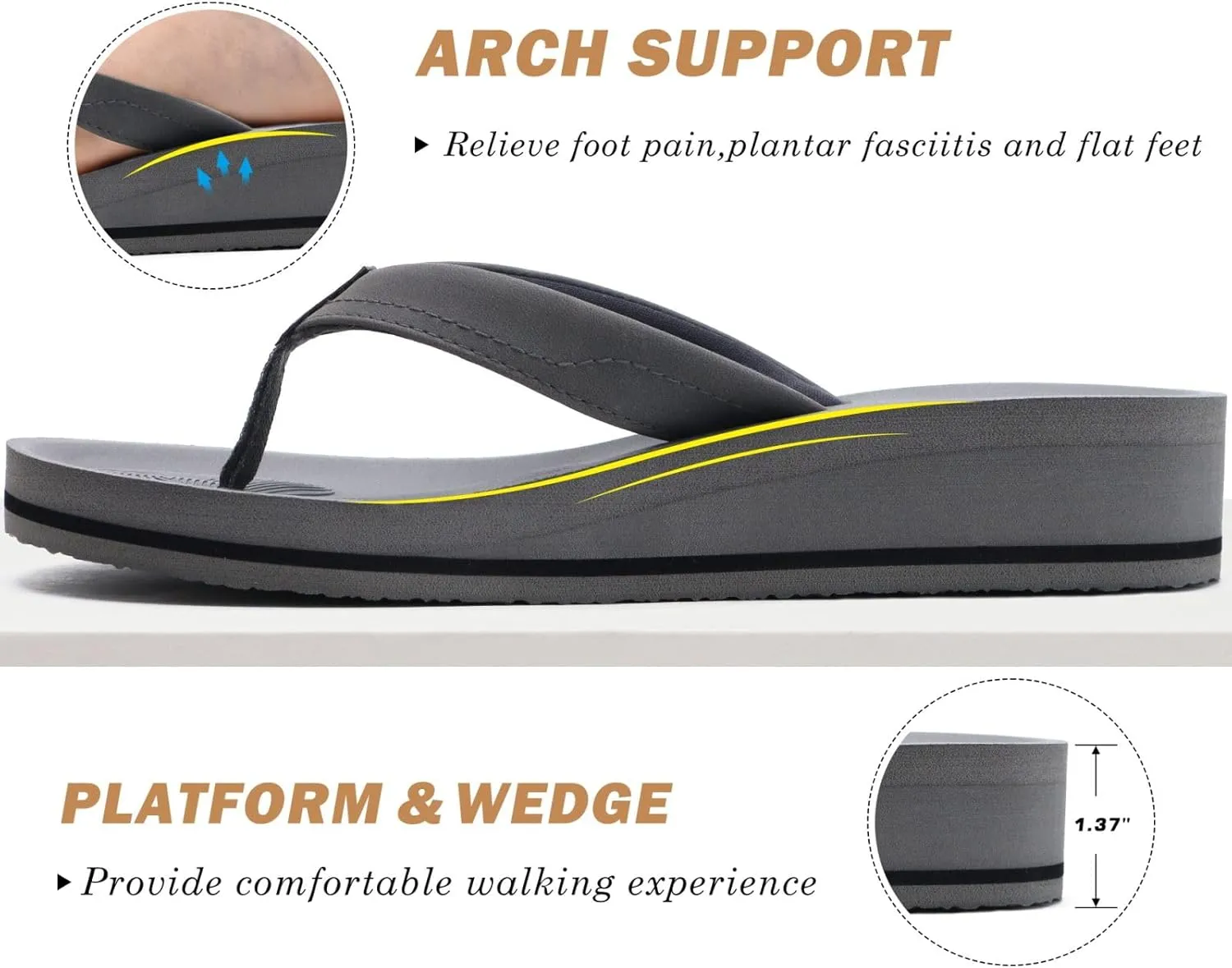 COFACE Flip Flops for Women With Comfortable Arch Support Ladies Fashion Platform Thong Sandals Soft Yoga Mat Sole For Beach/Indoor Outdoor