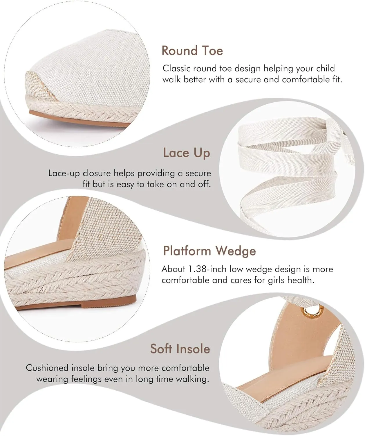 Coutgo Girls Espadrille Platform Wedge Sandals Closed Toe Lace Up Ankle Strap Summer Shoes Toddler Little Big Kid