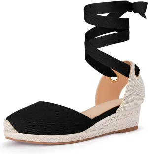 Coutgo Girls Espadrille Platform Wedge Sandals Closed Toe Lace Up Ankle Strap Summer Shoes Toddler Little Big Kid