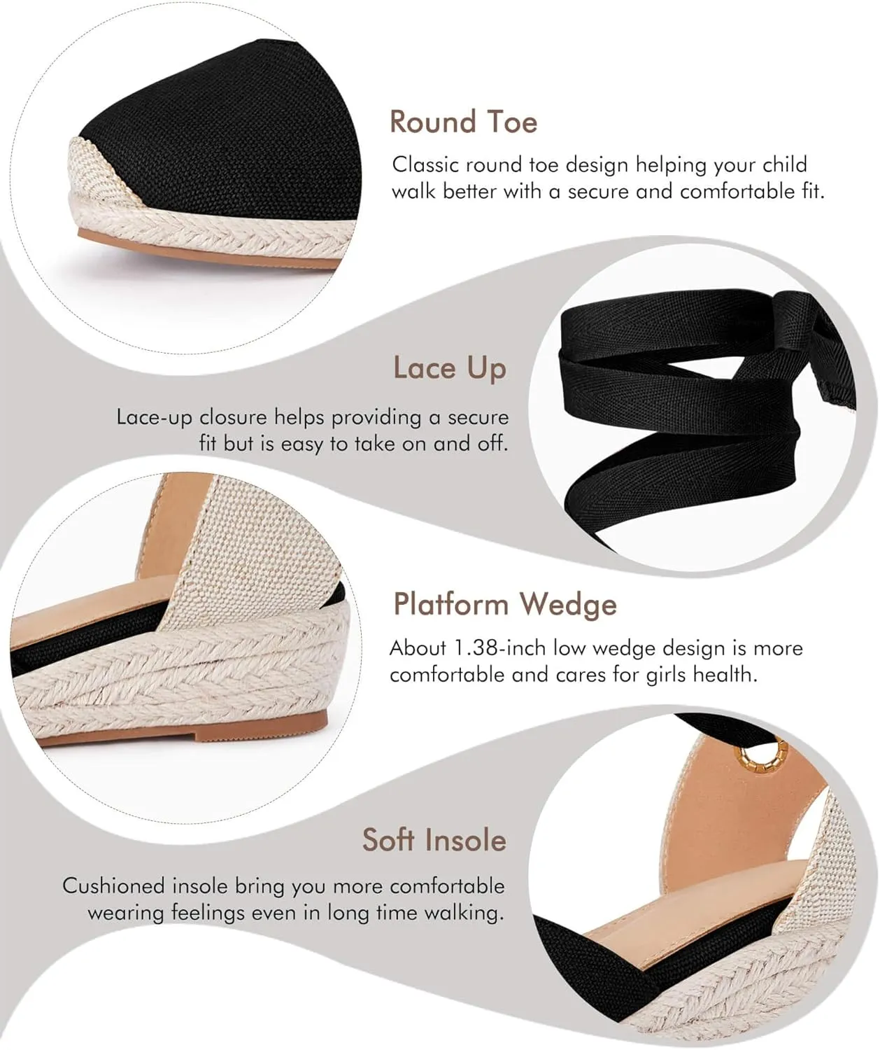 Coutgo Girls Espadrille Platform Wedge Sandals Closed Toe Lace Up Ankle Strap Summer Shoes Toddler Little Big Kid