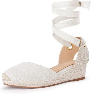 Coutgo Girls Espadrille Platform Wedge Sandals Closed Toe Lace Up Ankle Strap Summer Shoes Toddler Little Big Kid