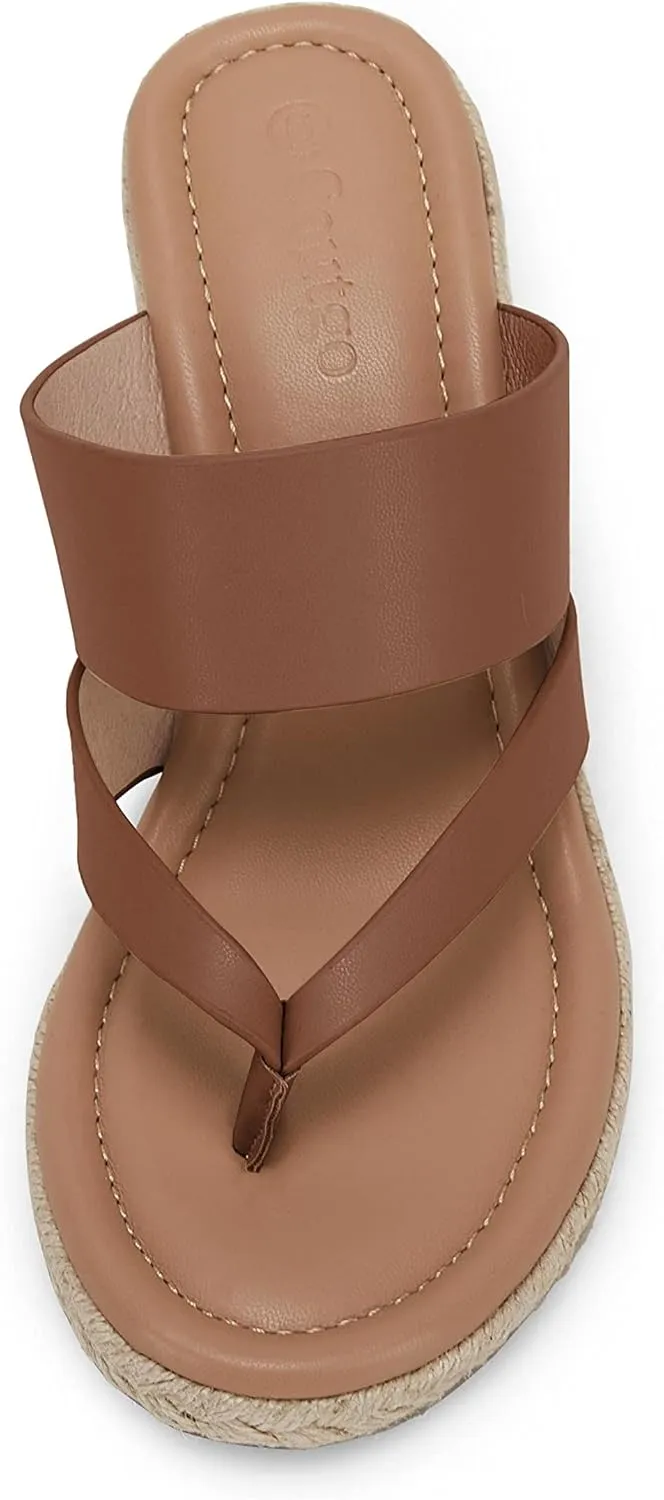 Coutgo Women's Espadrille Wedge Sandals Platform Thong Leather Strap Slides Backless Slip On Summer Casual Flip Flops