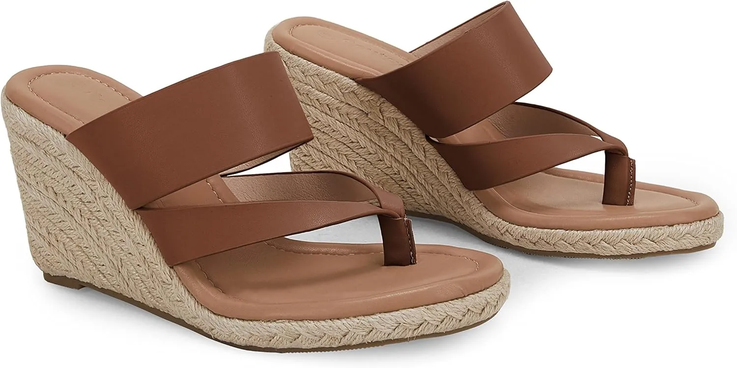Coutgo Women's Espadrille Wedge Sandals Platform Thong Leather Strap Slides Backless Slip On Summer Casual Flip Flops