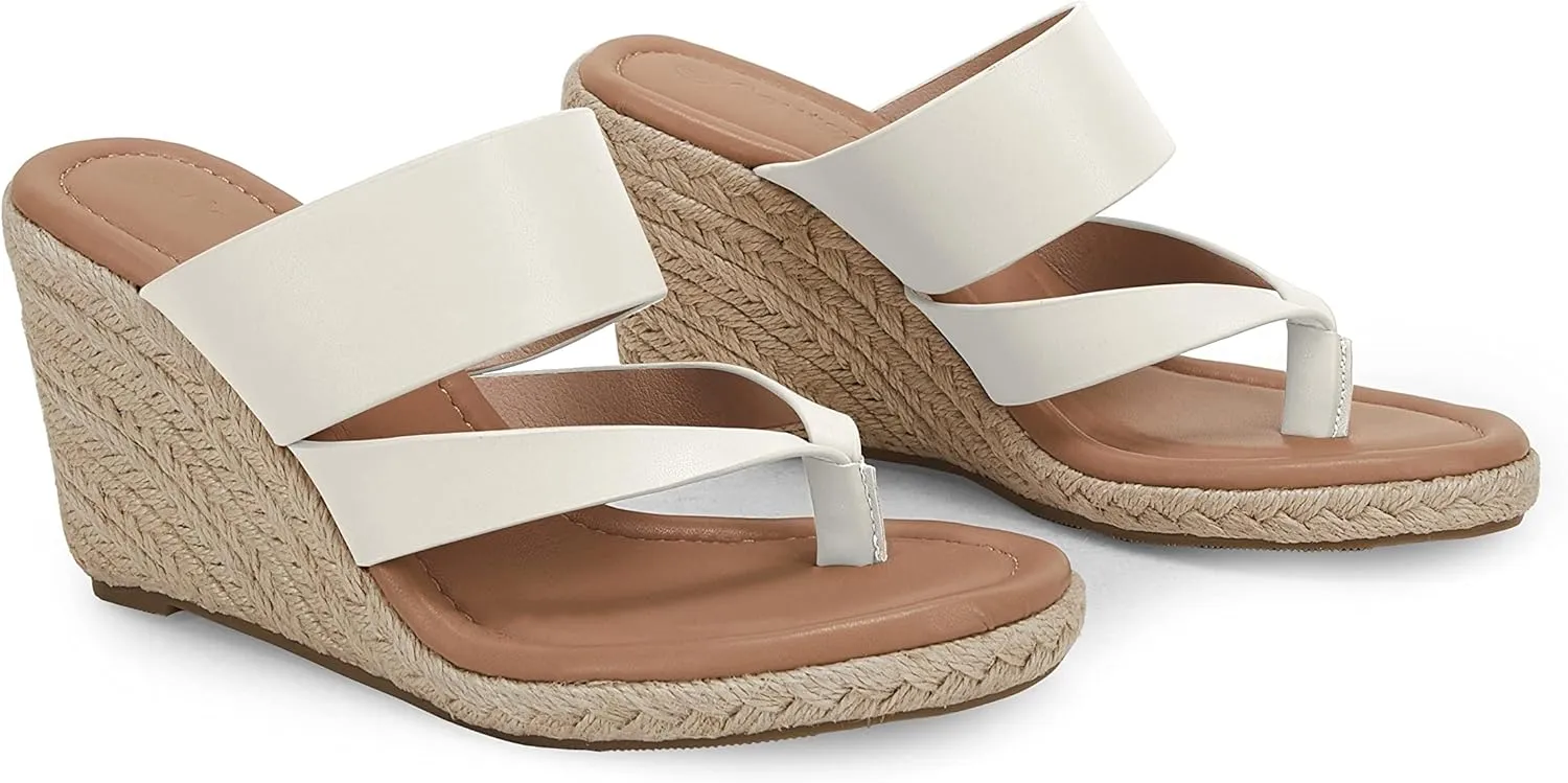 Coutgo Women's Espadrille Wedge Sandals Platform Thong Leather Strap Slides Backless Slip On Summer Casual Flip Flops