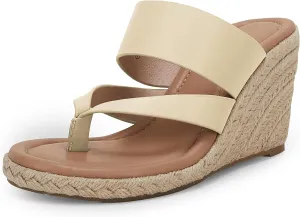 Coutgo Women's Espadrille Wedge Sandals Platform Thong Leather Strap Slides Backless Slip On Summer Casual Flip Flops