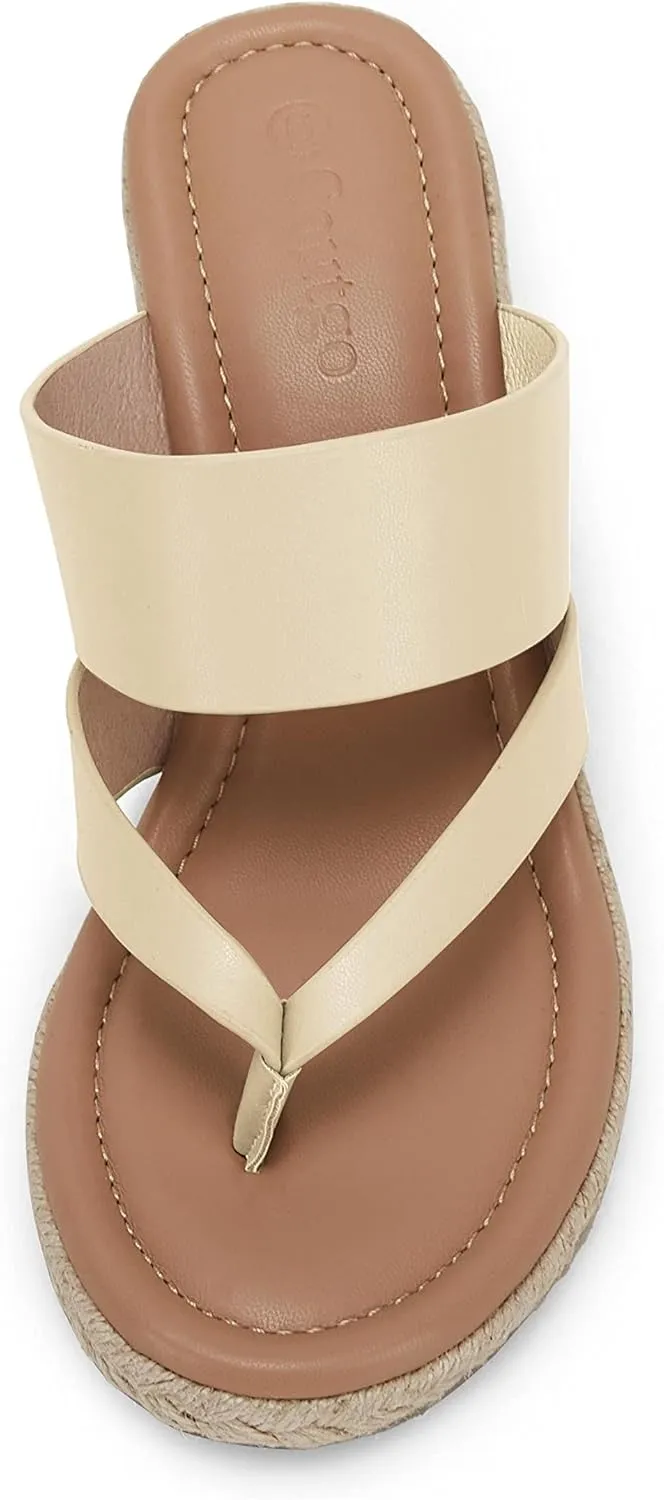 Coutgo Women's Espadrille Wedge Sandals Platform Thong Leather Strap Slides Backless Slip On Summer Casual Flip Flops