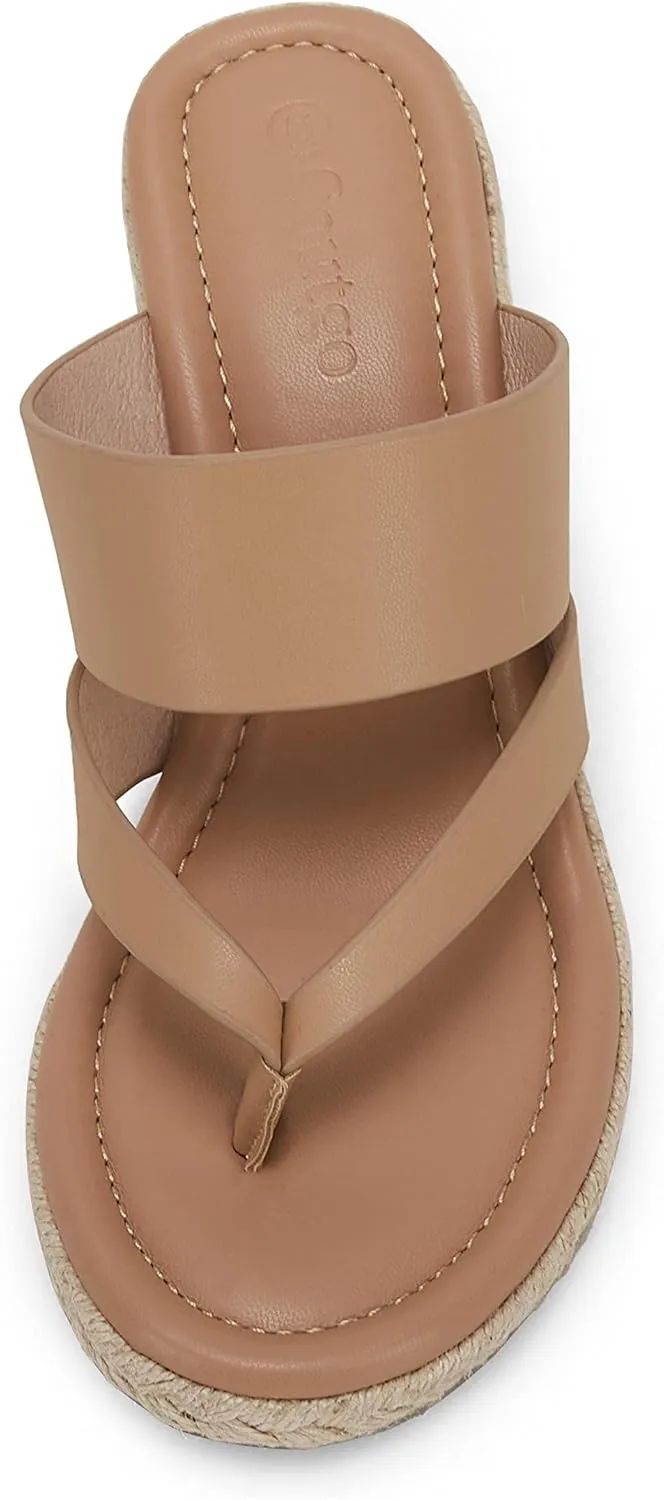 Coutgo Women's Espadrille Wedge Sandals Platform Thong Leather Strap Slides Backless Slip On Summer Casual Flip Flops
