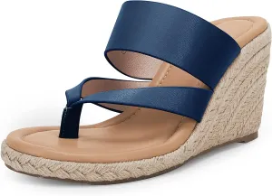 Coutgo Women's Espadrille Wedge Sandals Platform Thong Leather Strap Slides Backless Slip On Summer Casual Flip Flops