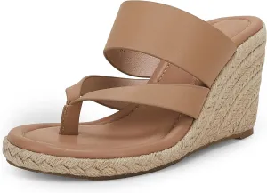Coutgo Women's Espadrille Wedge Sandals Platform Thong Leather Strap Slides Backless Slip On Summer Casual Flip Flops