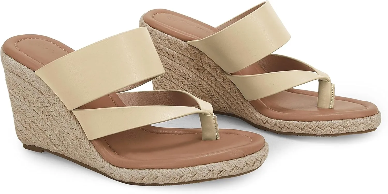Coutgo Women's Espadrille Wedge Sandals Platform Thong Leather Strap Slides Backless Slip On Summer Casual Flip Flops