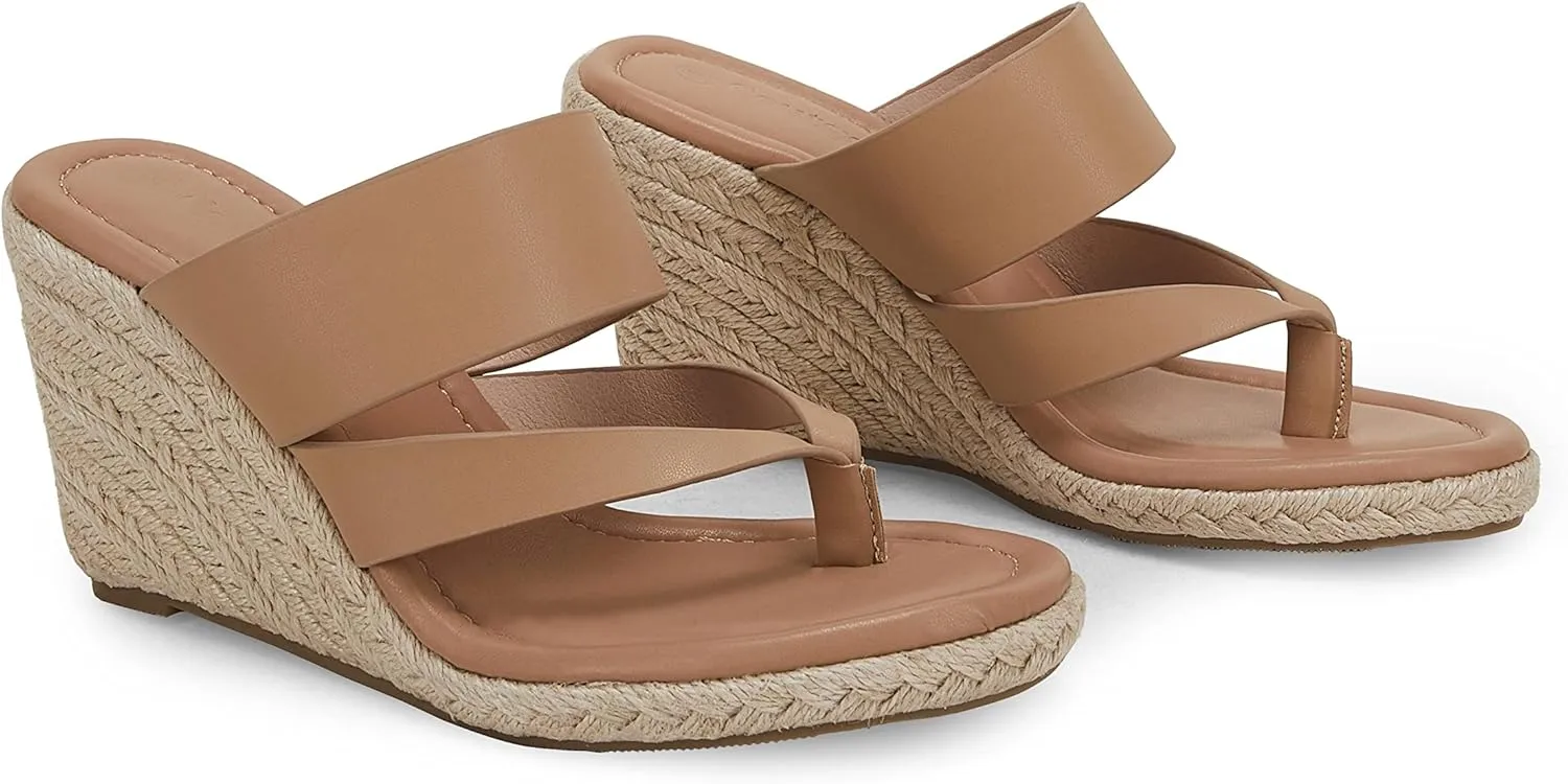 Coutgo Women's Espadrille Wedge Sandals Platform Thong Leather Strap Slides Backless Slip On Summer Casual Flip Flops