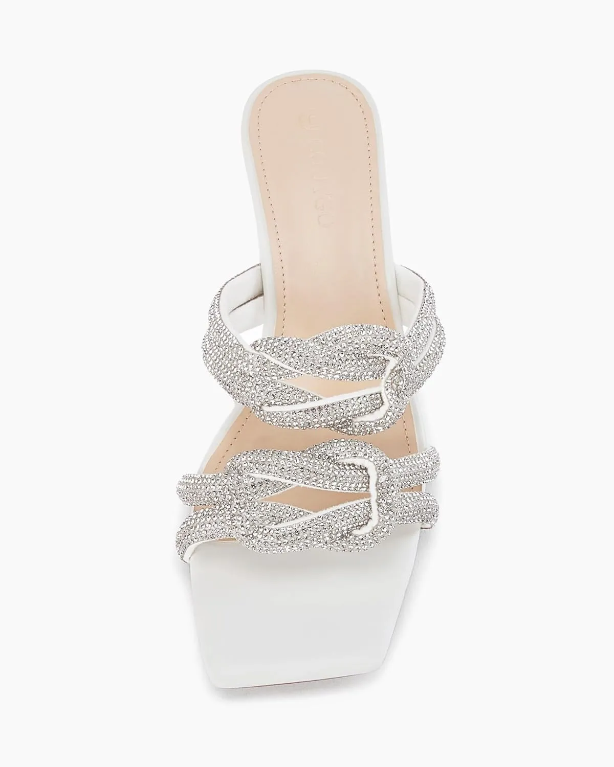 Coutgo Womens Kitten Heel Sandals Mules Rhinestone Slip on Low Heels Open Square Toe Dressy Summer Wedding Party Shoes
