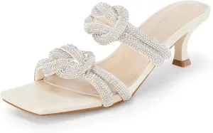 Coutgo Womens Kitten Heel Sandals Mules Rhinestone Slip on Low Heels Open Square Toe Dressy Summer Wedding Party Shoes