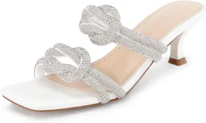 Coutgo Womens Kitten Heel Sandals Mules Rhinestone Slip on Low Heels Open Square Toe Dressy Summer Wedding Party Shoes