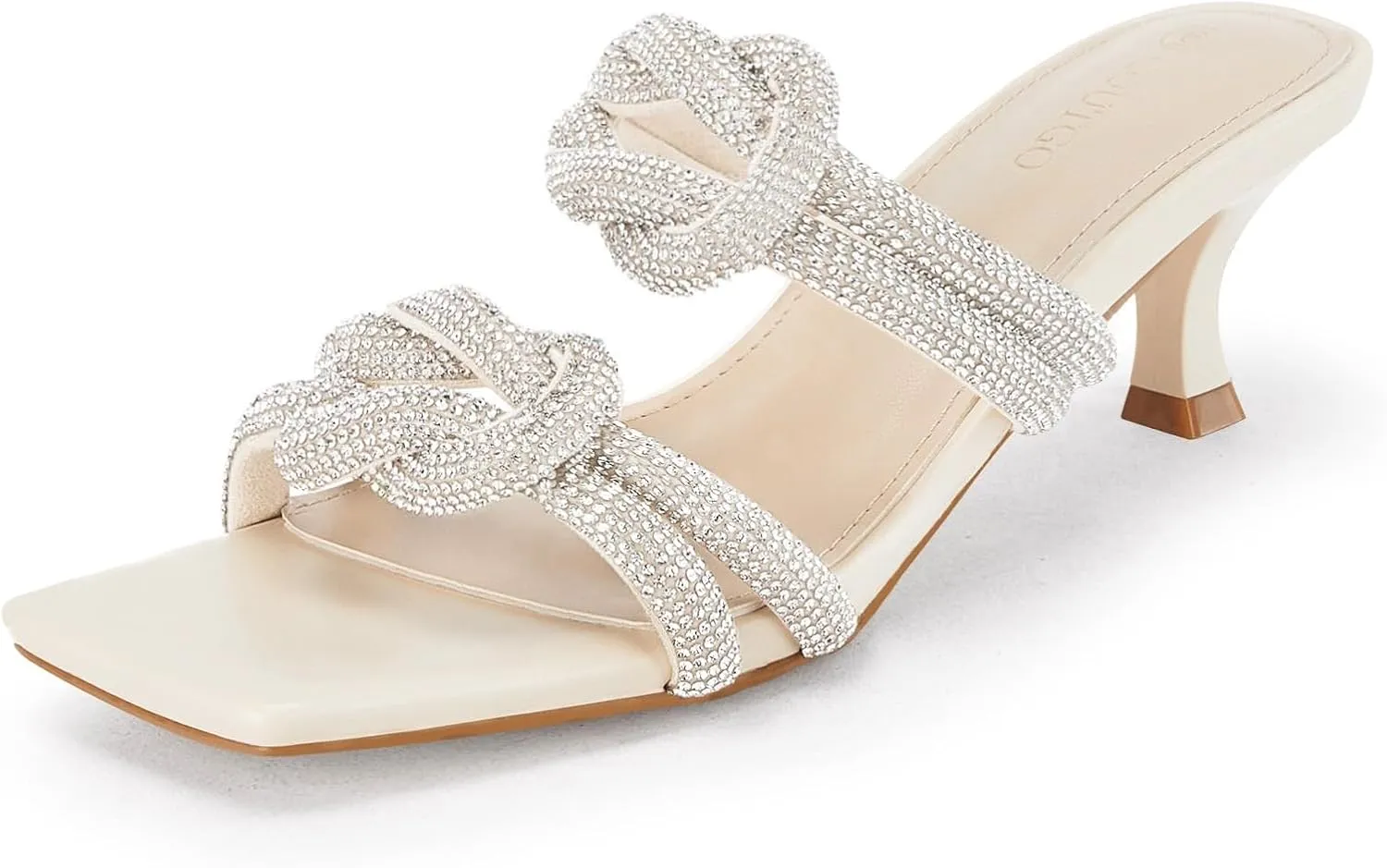 Coutgo Womens Kitten Heel Sandals Mules Rhinestone Slip on Low Heels Open Square Toe Dressy Summer Wedding Party Shoes