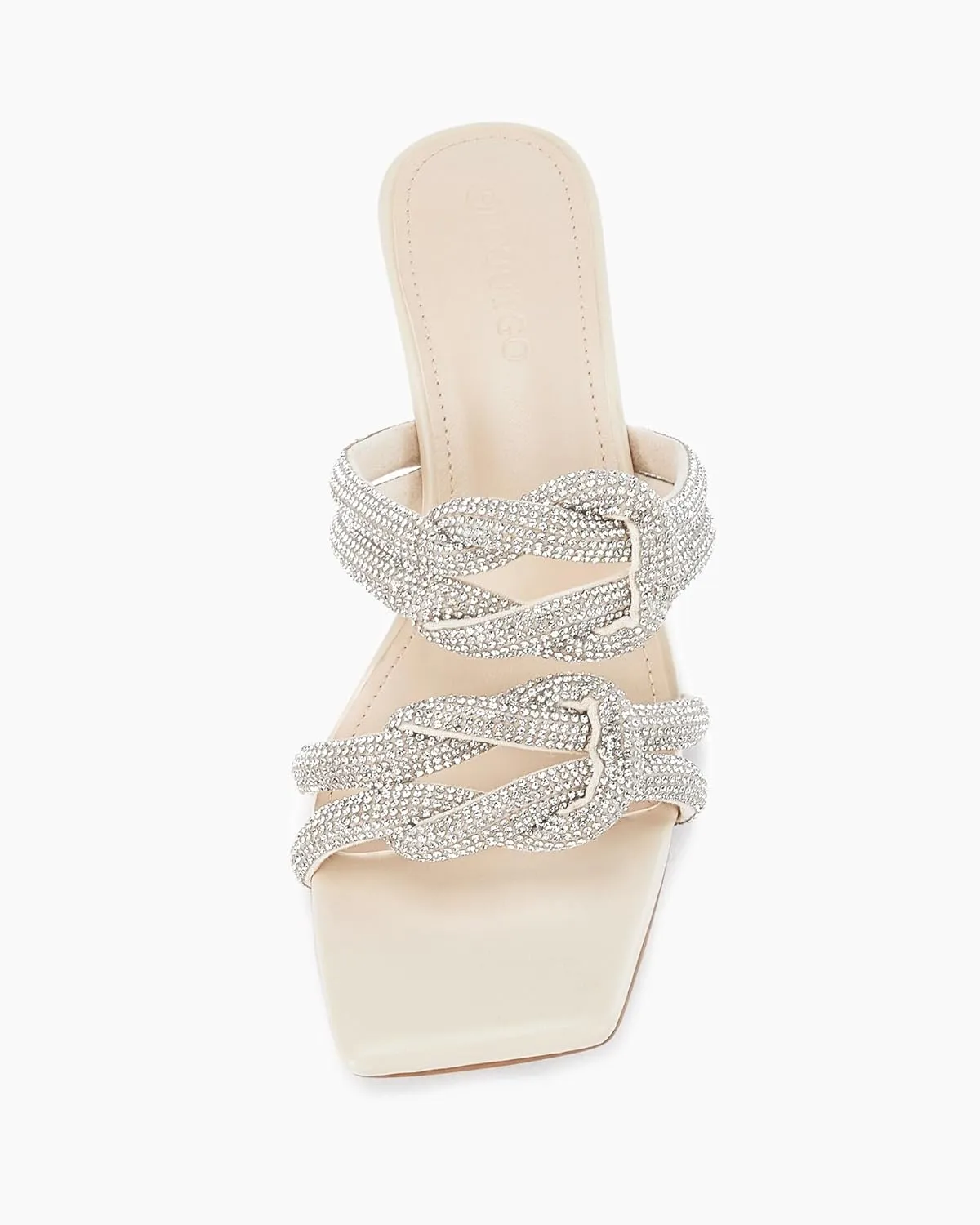 Coutgo Womens Kitten Heel Sandals Mules Rhinestone Slip on Low Heels Open Square Toe Dressy Summer Wedding Party Shoes