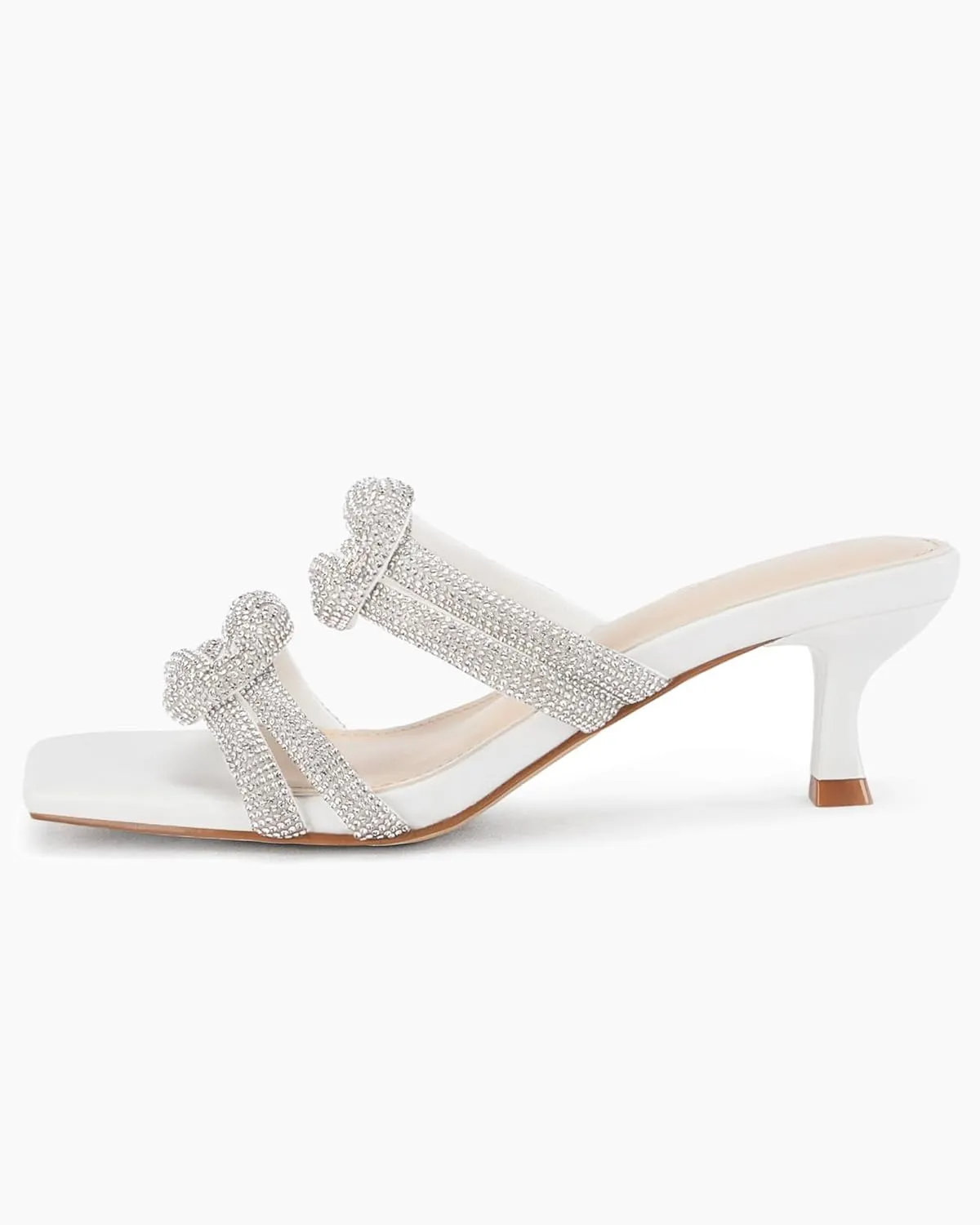 Coutgo Womens Kitten Heel Sandals Mules Rhinestone Slip on Low Heels Open Square Toe Dressy Summer Wedding Party Shoes