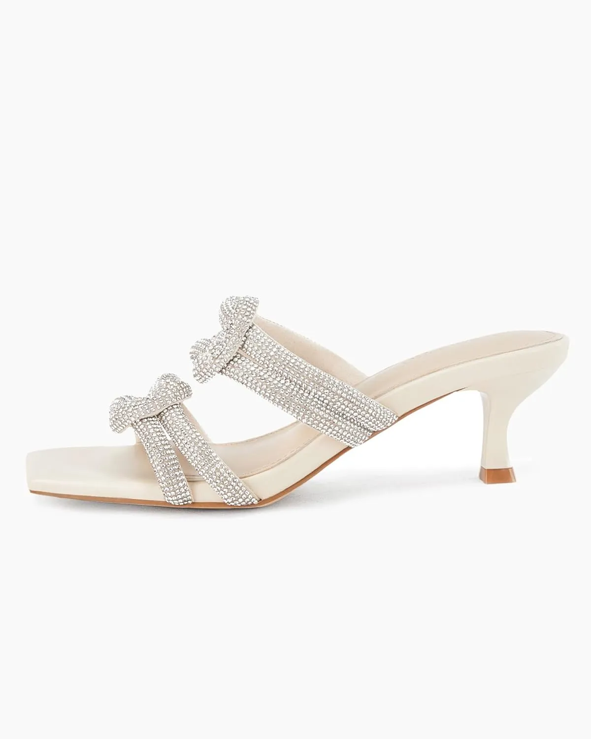 Coutgo Womens Kitten Heel Sandals Mules Rhinestone Slip on Low Heels Open Square Toe Dressy Summer Wedding Party Shoes