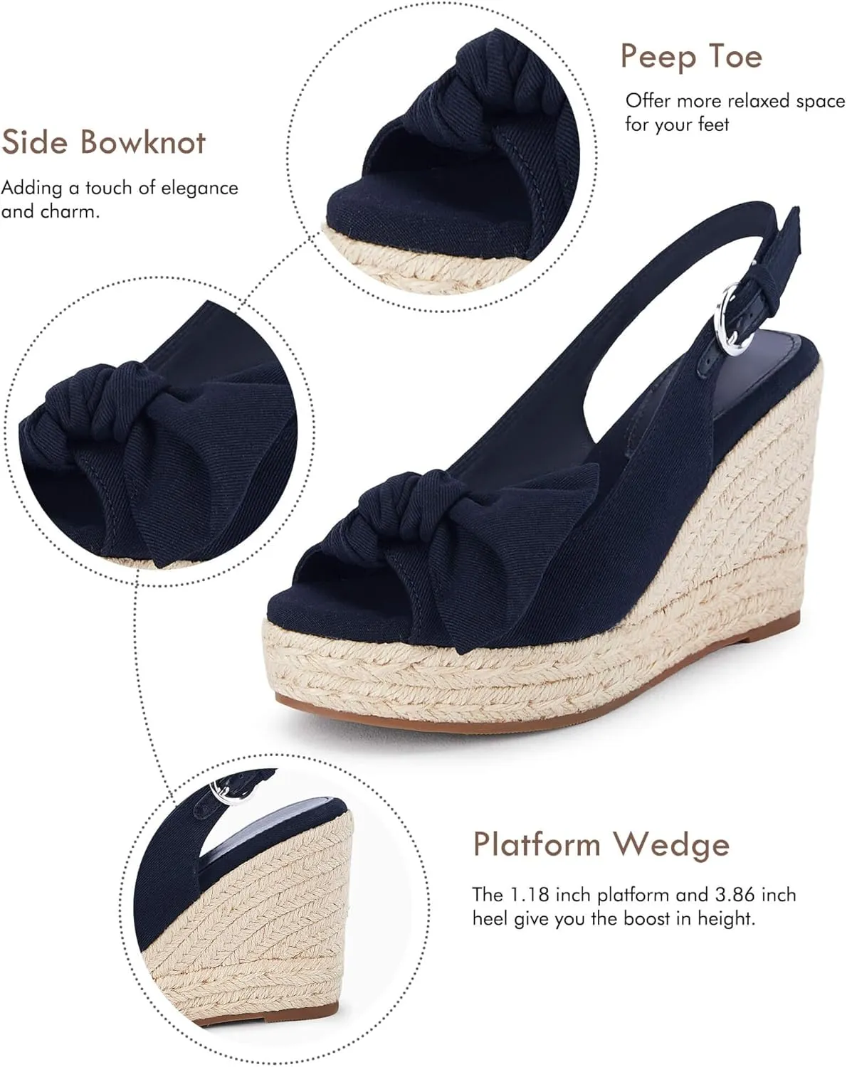Coutgo Women's Peep Toe Wedges Heels Slingback Espadrille Platform Sandals Side Bowknot Casual Shoes