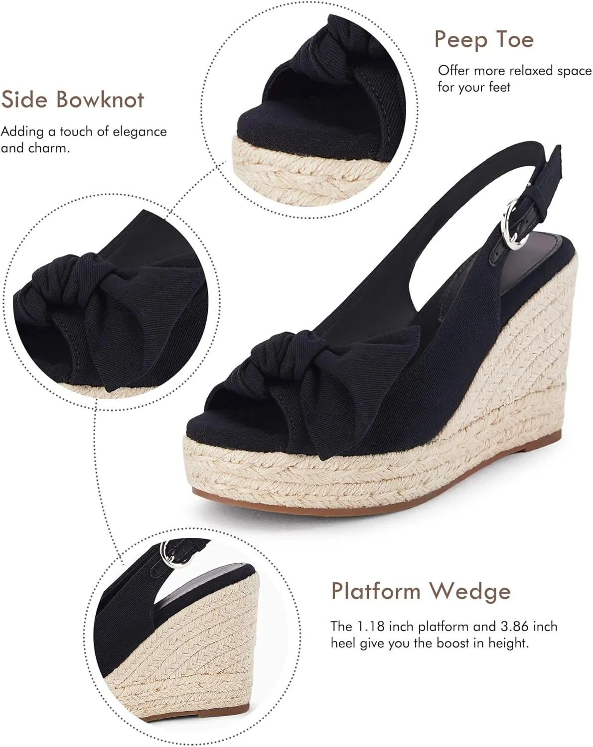 Coutgo Women's Peep Toe Wedges Heels Slingback Espadrille Platform Sandals Side Bowknot Casual Shoes