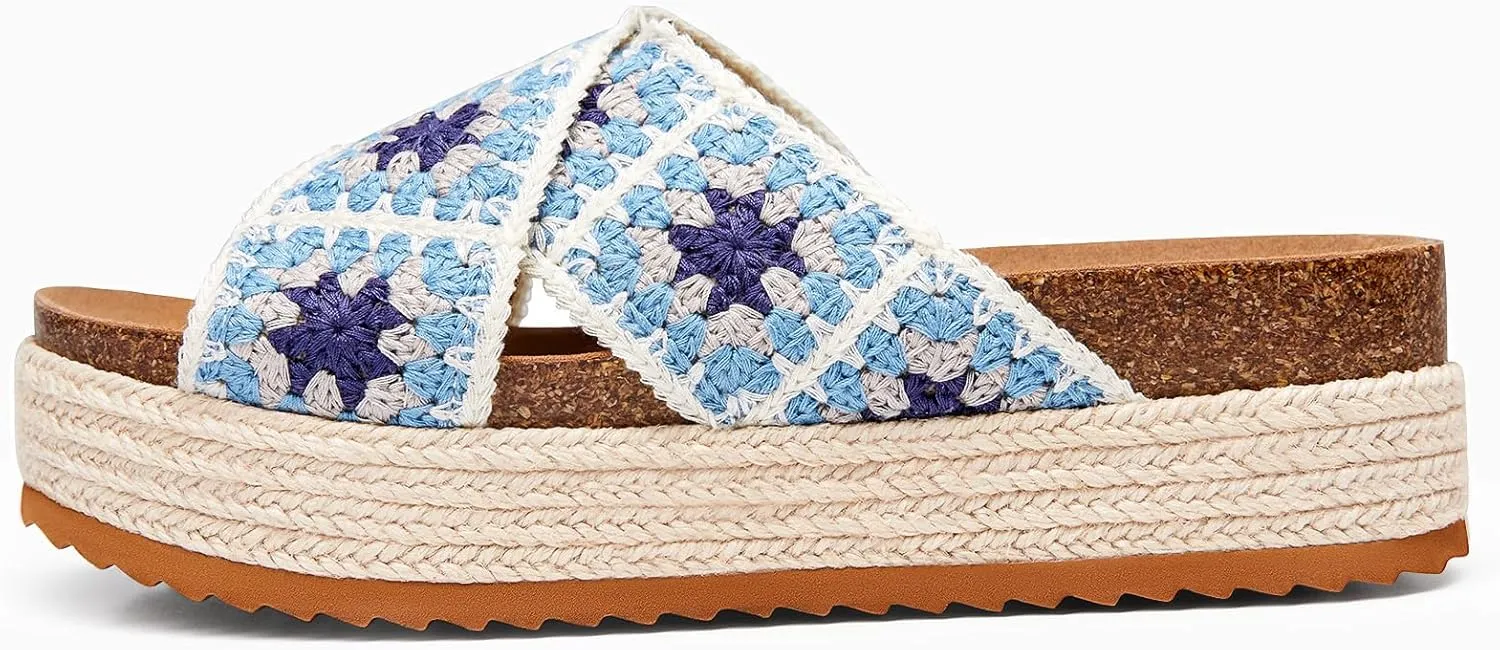 Coutgo Womens Platform Espadrille Sandals Flatform Floral Crochet Cork Open Toe Summer Beach Slide Sandals