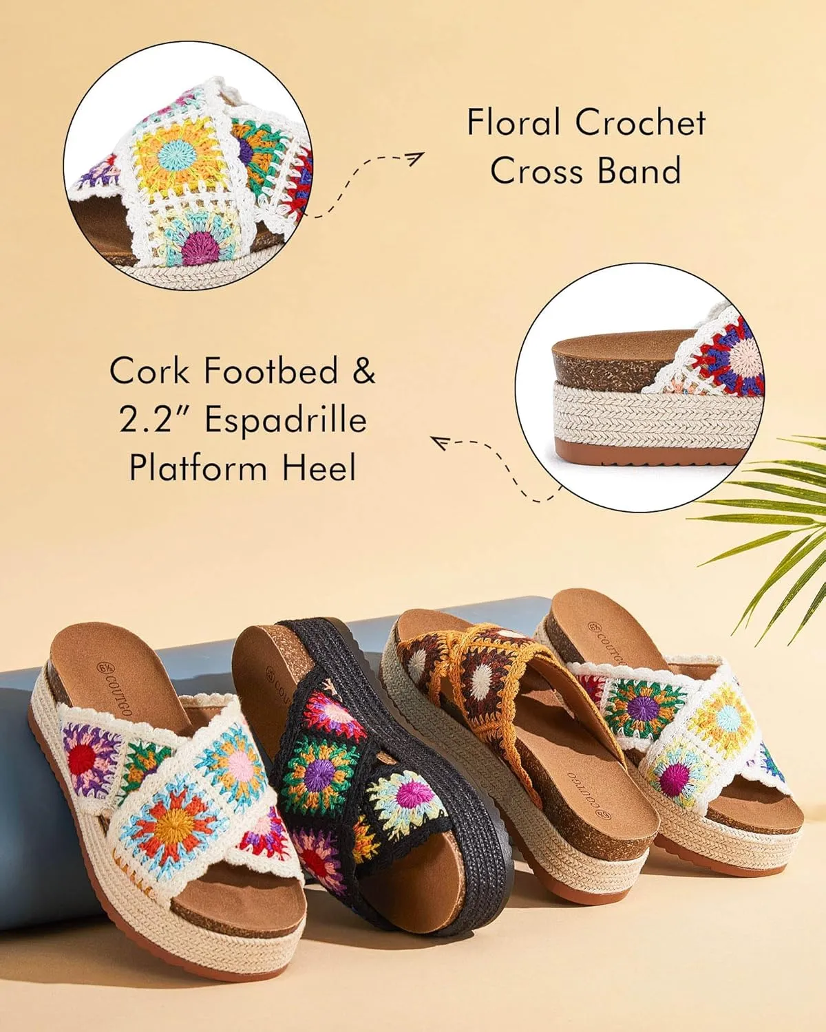 Coutgo Womens Platform Espadrille Sandals Flatform Floral Crochet Cork Open Toe Summer Beach Slide Sandals