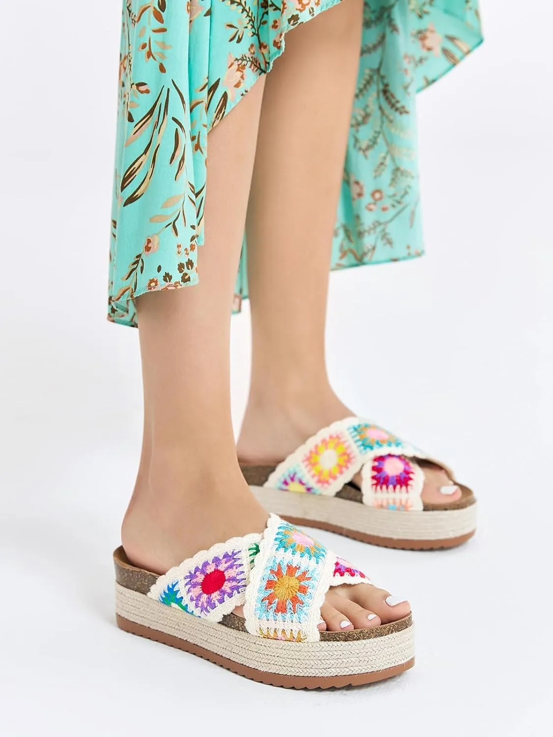 Coutgo Womens Platform Espadrille Sandals Flatform Floral Crochet Cork Open Toe Summer Beach Slide Sandals