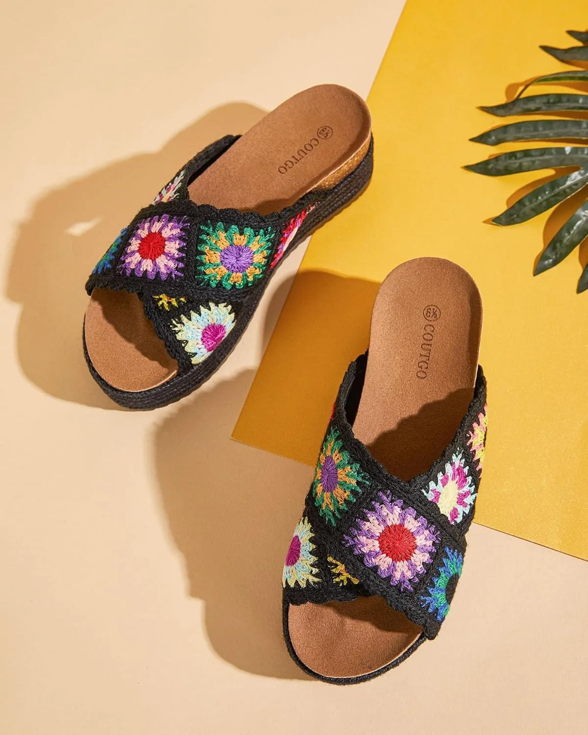 Coutgo Womens Platform Espadrille Sandals Flatform Floral Crochet Cork Open Toe Summer Beach Slide Sandals