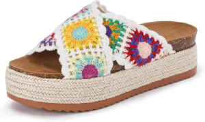 Coutgo Womens Platform Espadrille Sandals Flatform Floral Crochet Cork Open Toe Summer Beach Slide Sandals