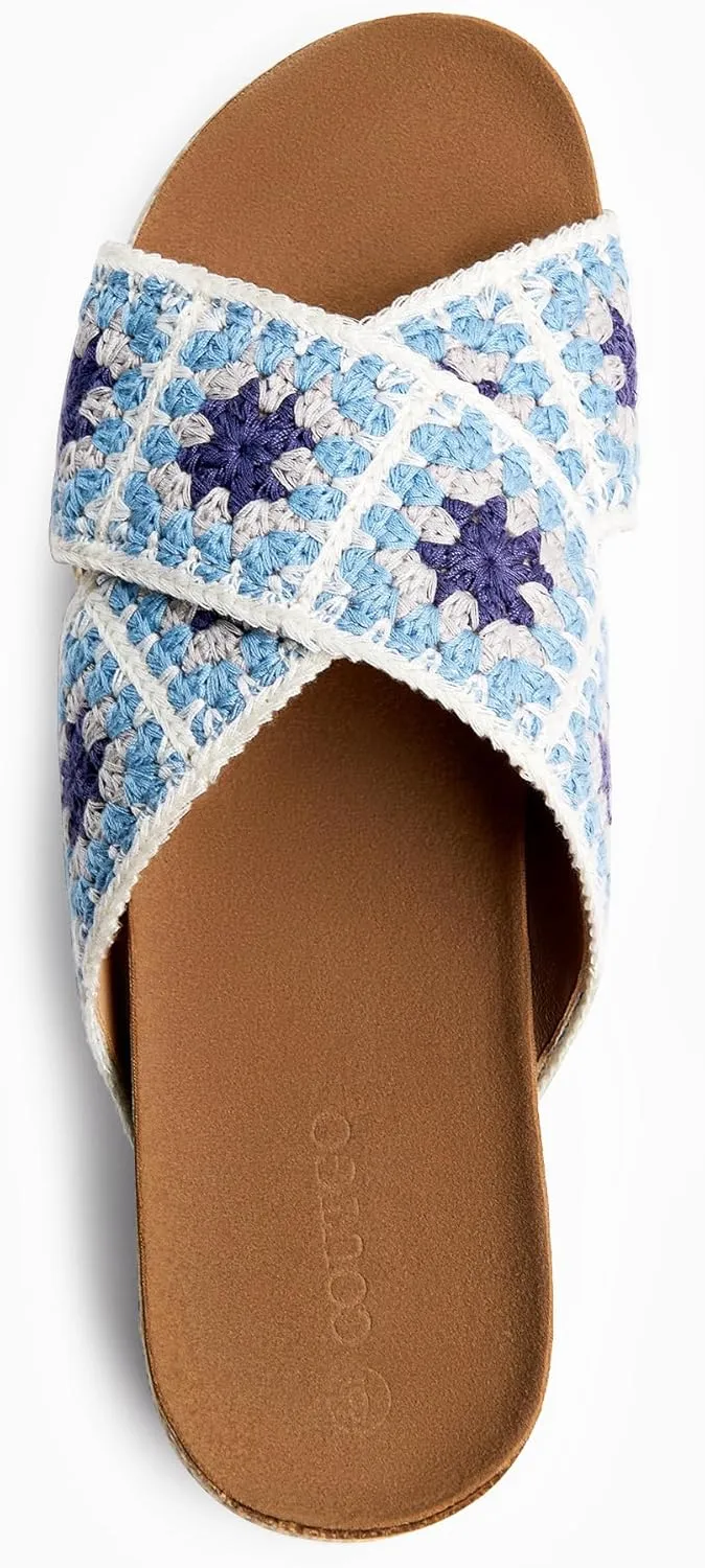 Coutgo Womens Platform Espadrille Sandals Flatform Floral Crochet Cork Open Toe Summer Beach Slide Sandals