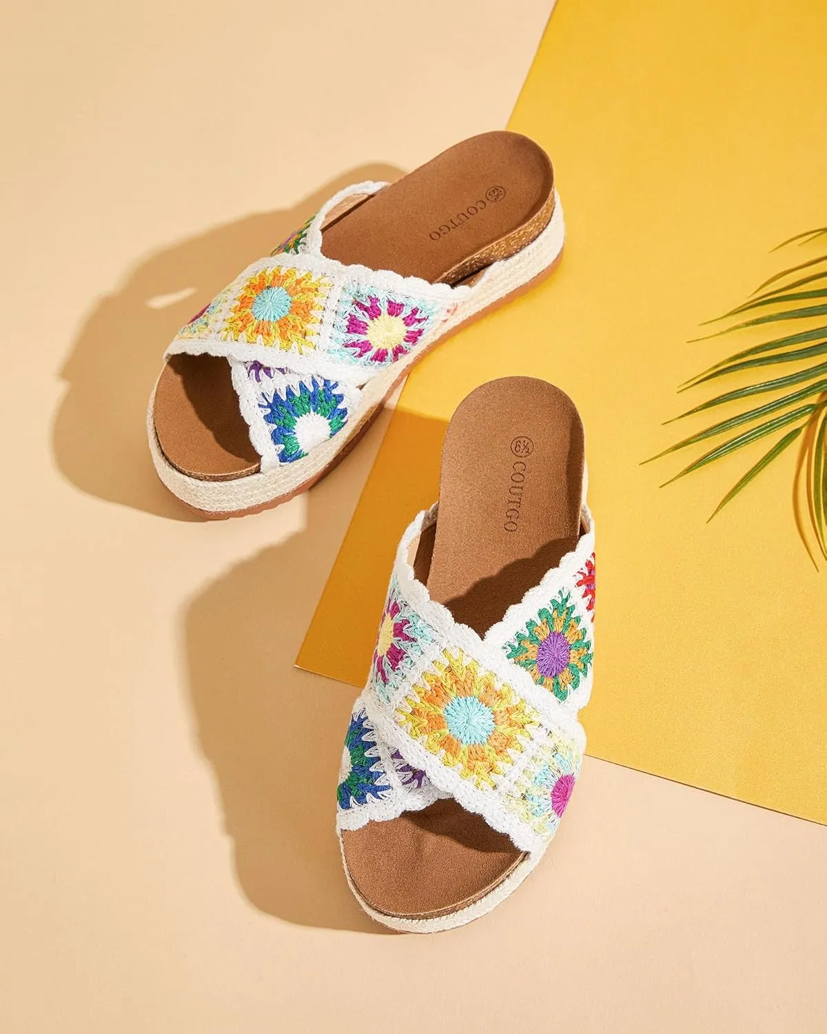 Coutgo Womens Platform Espadrille Sandals Flatform Floral Crochet Cork Open Toe Summer Beach Slide Sandals