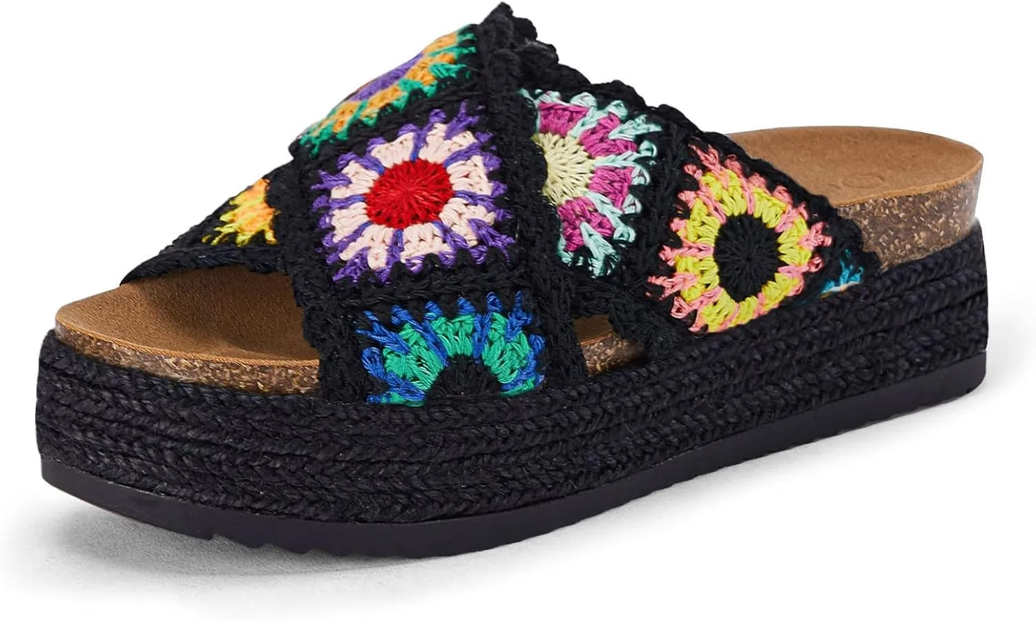 Coutgo Womens Platform Espadrille Sandals Flatform Floral Crochet Cork Open Toe Summer Beach Slide Sandals