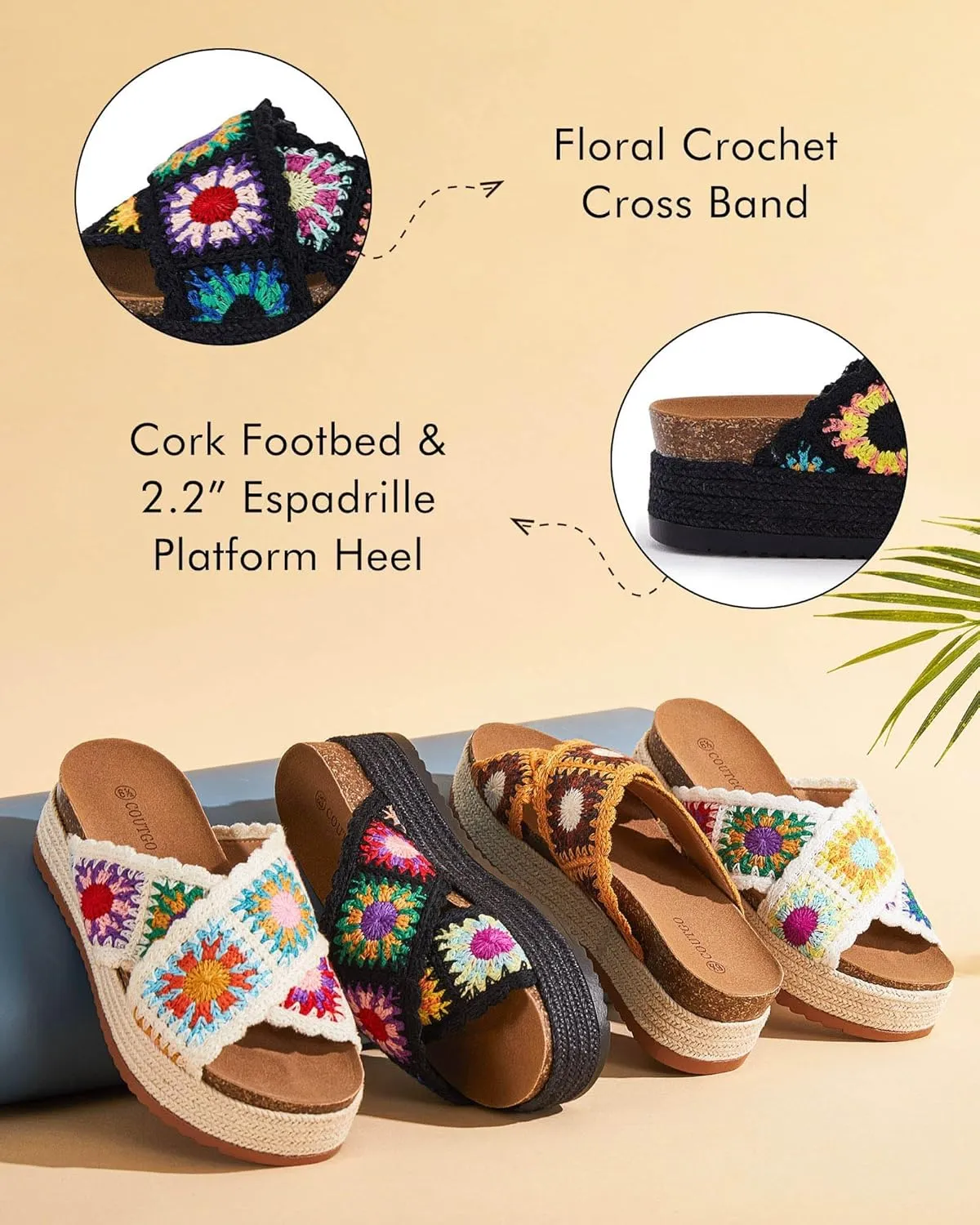 Coutgo Womens Platform Espadrille Sandals Flatform Floral Crochet Cork Open Toe Summer Beach Slide Sandals