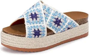 Coutgo Womens Platform Espadrille Sandals Flatform Floral Crochet Cork Open Toe Summer Beach Slide Sandals