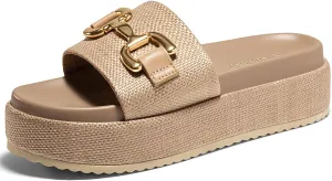 Coutgo Womens Platform Sandals Raffia Espadrilles Metal Chain Slip on Open Toe Cute Beach Slide Sandals