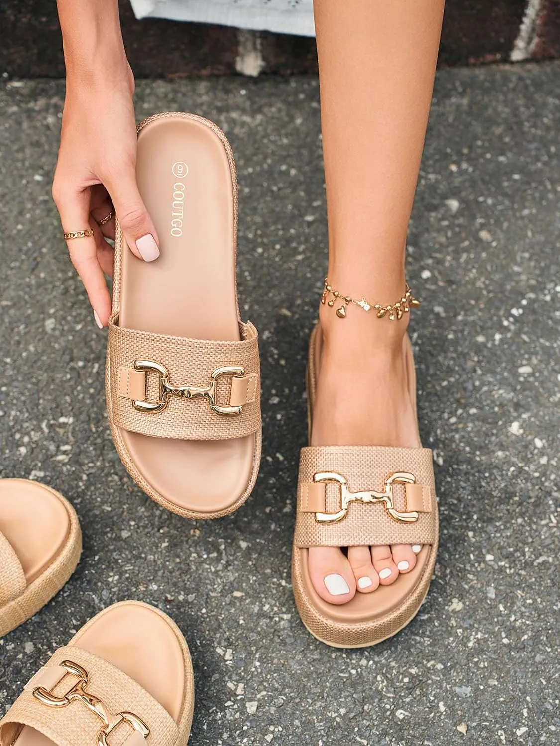 Coutgo Womens Platform Sandals Raffia Espadrilles Metal Chain Slip on Open Toe Cute Beach Slide Sandals