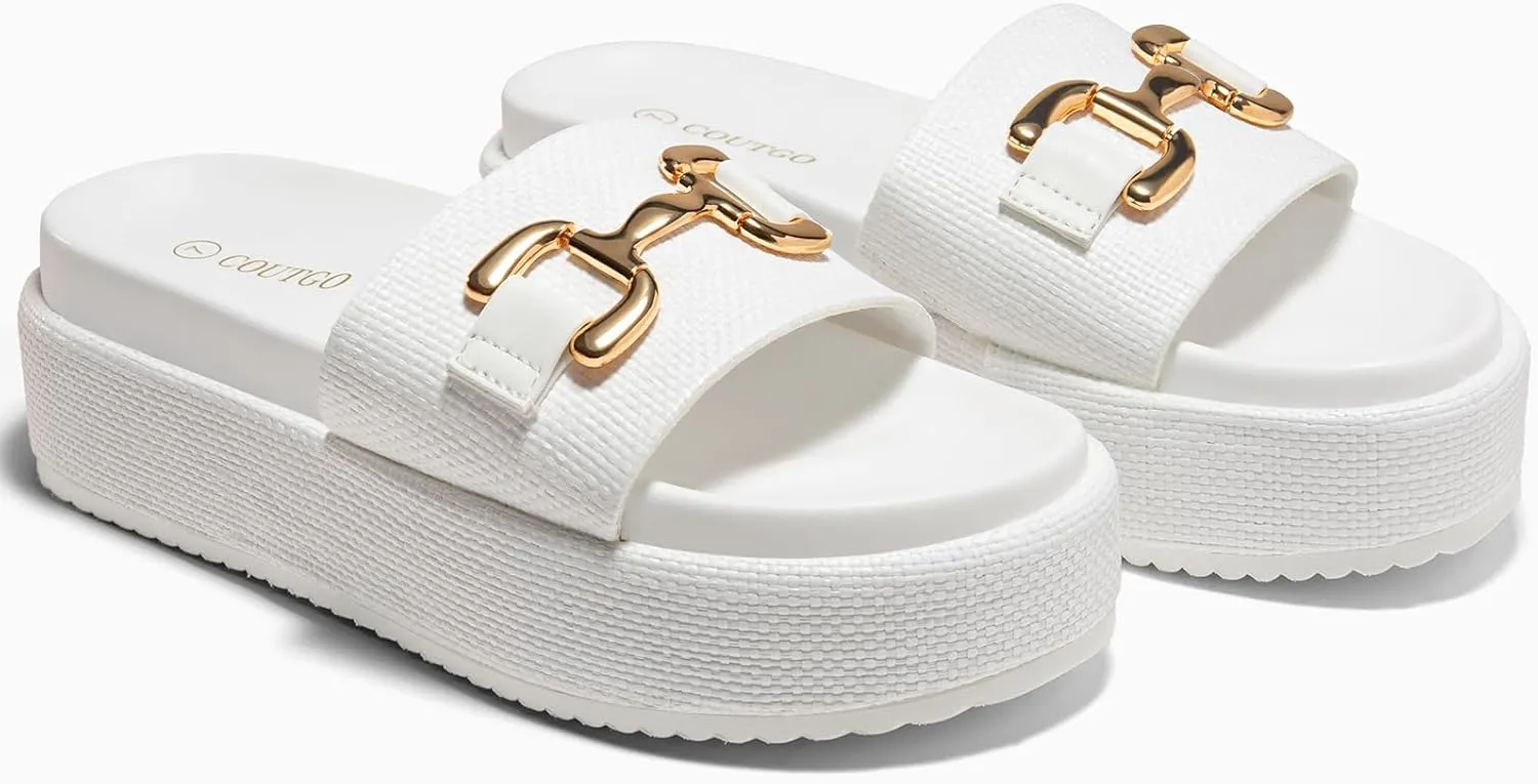 Coutgo Womens Platform Sandals Raffia Espadrilles Metal Chain Slip on Open Toe Cute Beach Slide Sandals