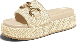 Coutgo Womens Platform Sandals Raffia Espadrilles Metal Chain Slip on Open Toe Cute Beach Slide Sandals