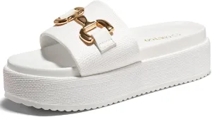 Coutgo Womens Platform Sandals Raffia Espadrilles Metal Chain Slip on Open Toe Cute Beach Slide Sandals